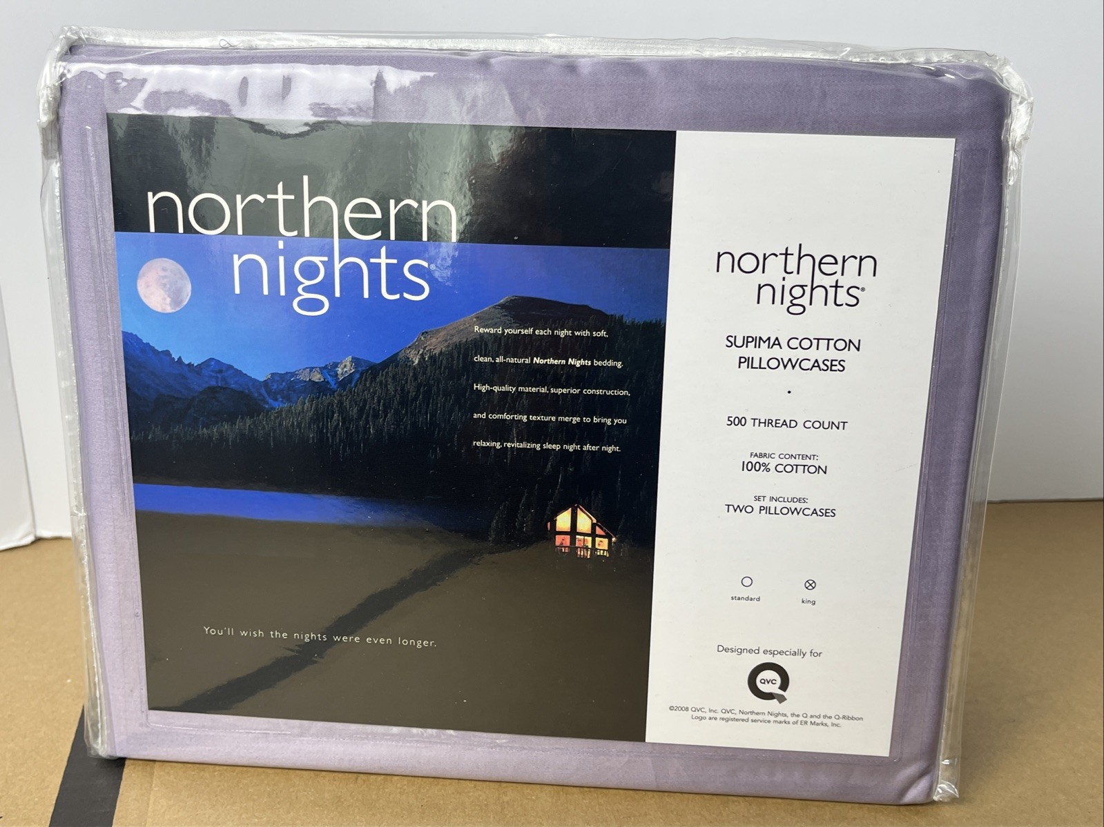 NOS Northern Nights King Supima Cotton Pillowcases 500 TC Pair Luxury Purple.