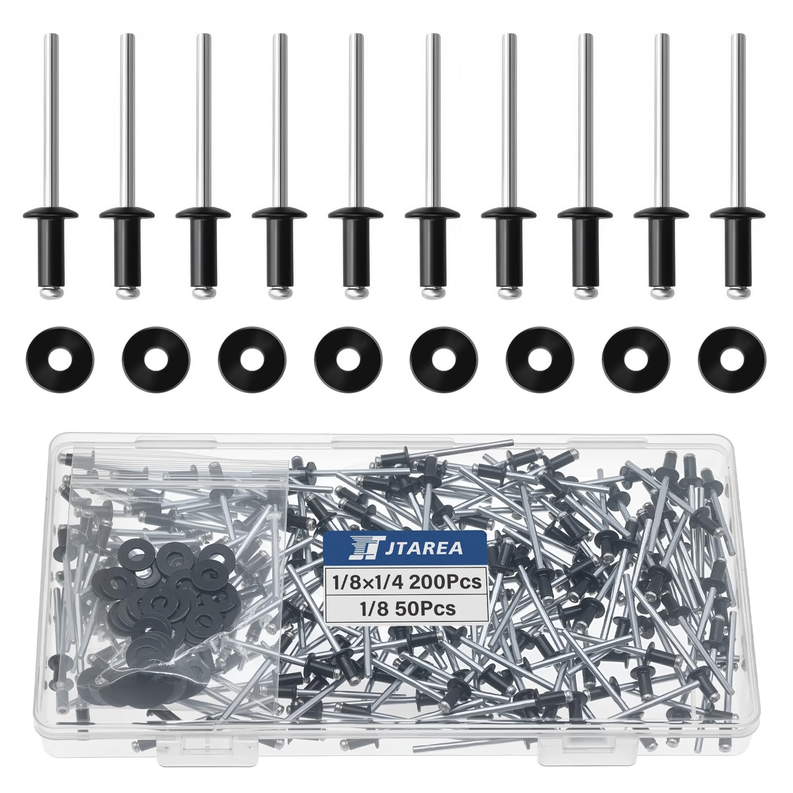 JTAREA 250pcs 1/8" x 1/4" Black Aluminum Pop Rivets with Stainless 1/8*1/4