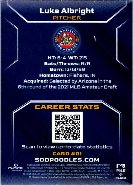 Luke Albright 2025 Choice Amarillo Sod Poodles #01 Amarillo Sod Poodles
