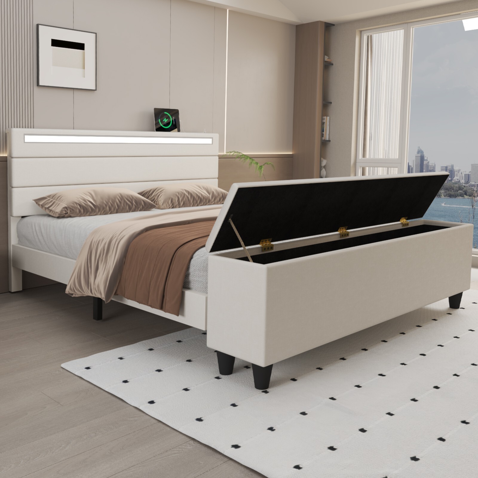 Queen Full Bed Frame with Upholstered Headboard with LED Lights and USB Ports