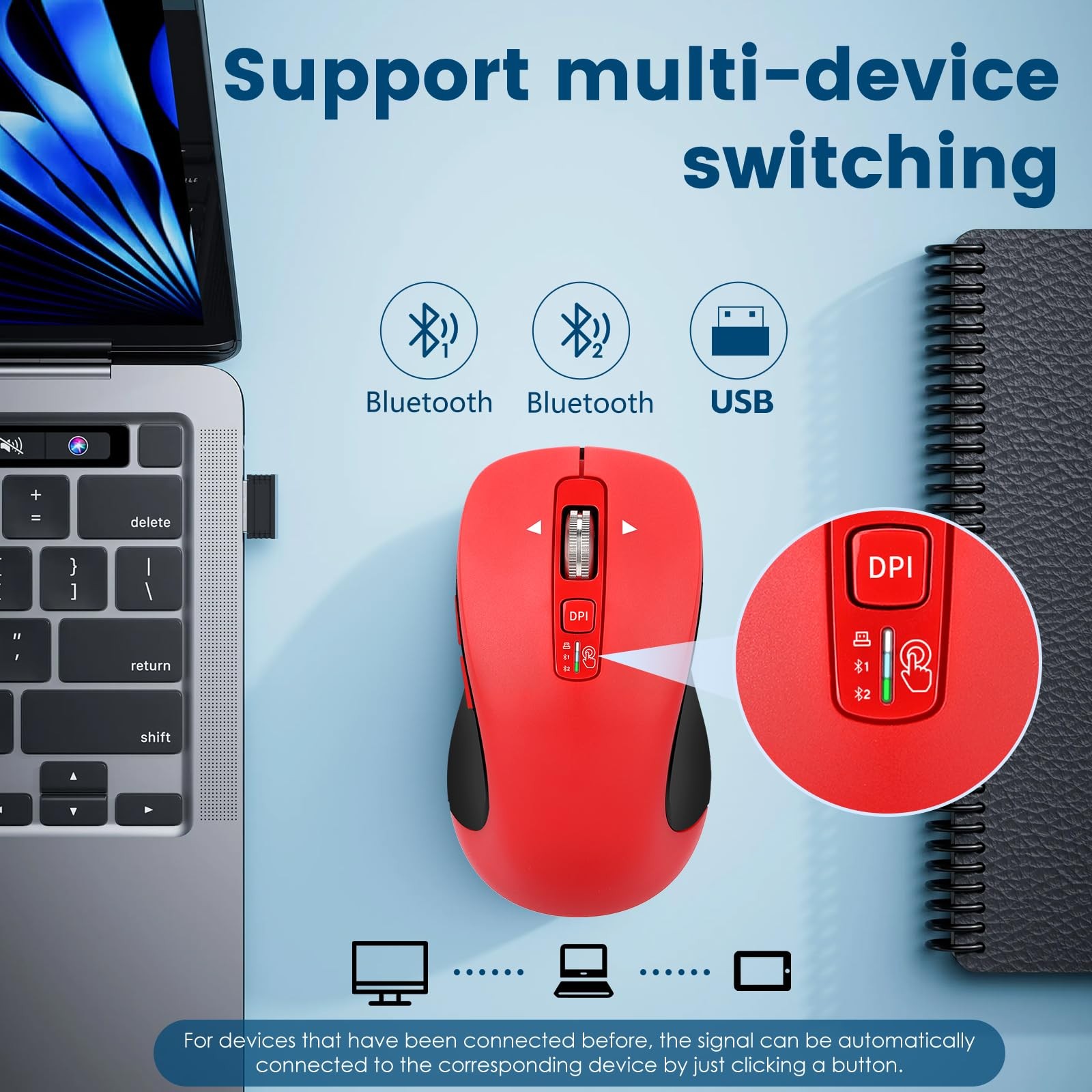 Wireless Bluetooth Mouse (USB + BT1 + BT2), Full Size, 4-Way Scrolling, Multi...