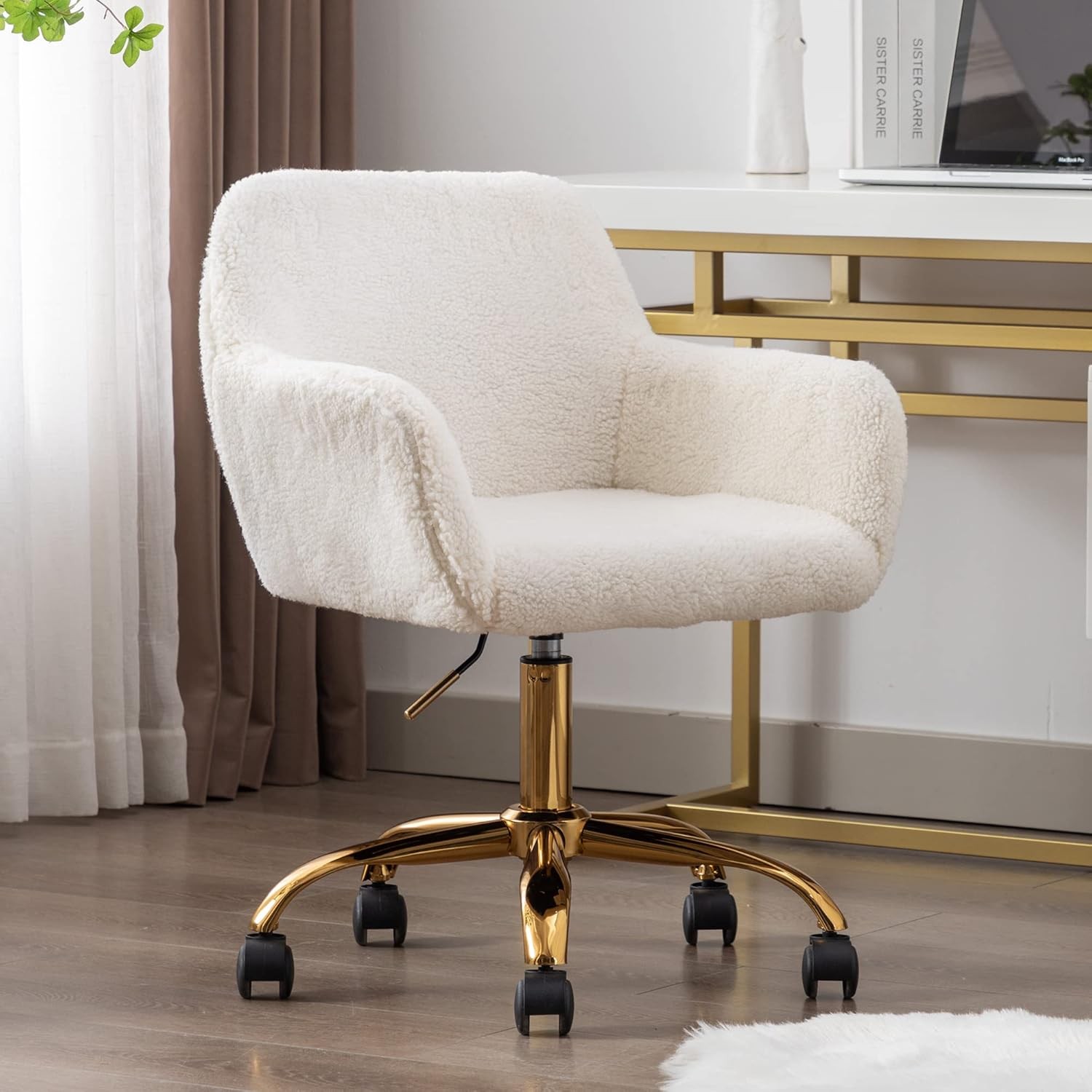 Faux Fur Office Desk Chair Comfy Swivel Armchair W/ Wheels Upholstered Fuzzy