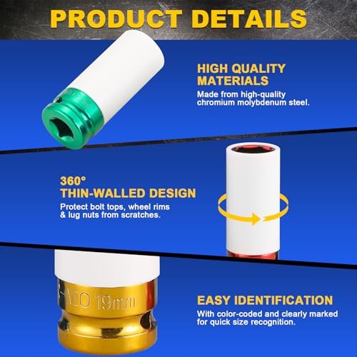 1/2'' Drive 5Pcs Wheel Lug Nuts Socket Set | Wheel Protector Impact Socket,