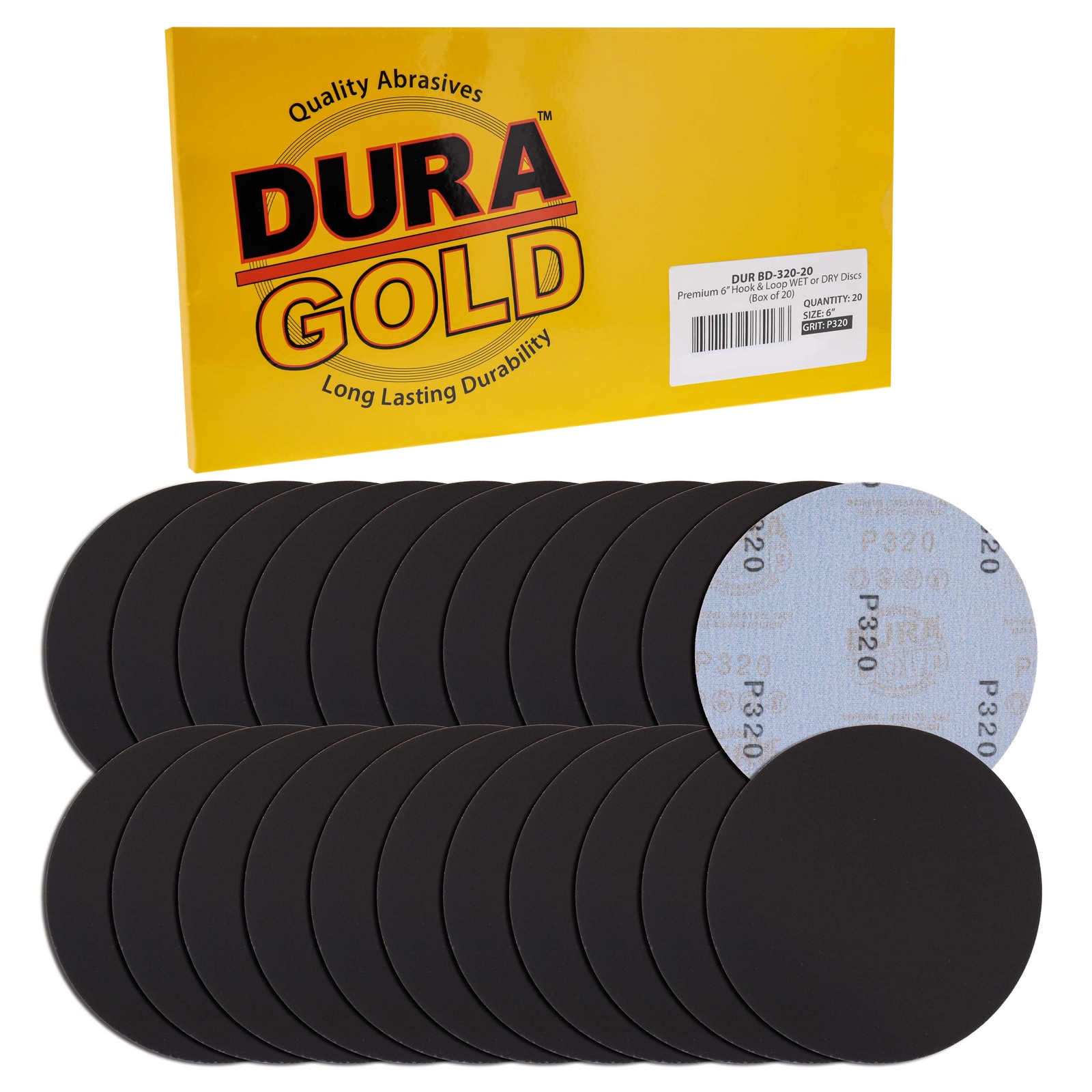 Dura-Gold 6" Wet or Dry Sanding Discs - 320 Grit (Box of 20) - Hook & Loop Back