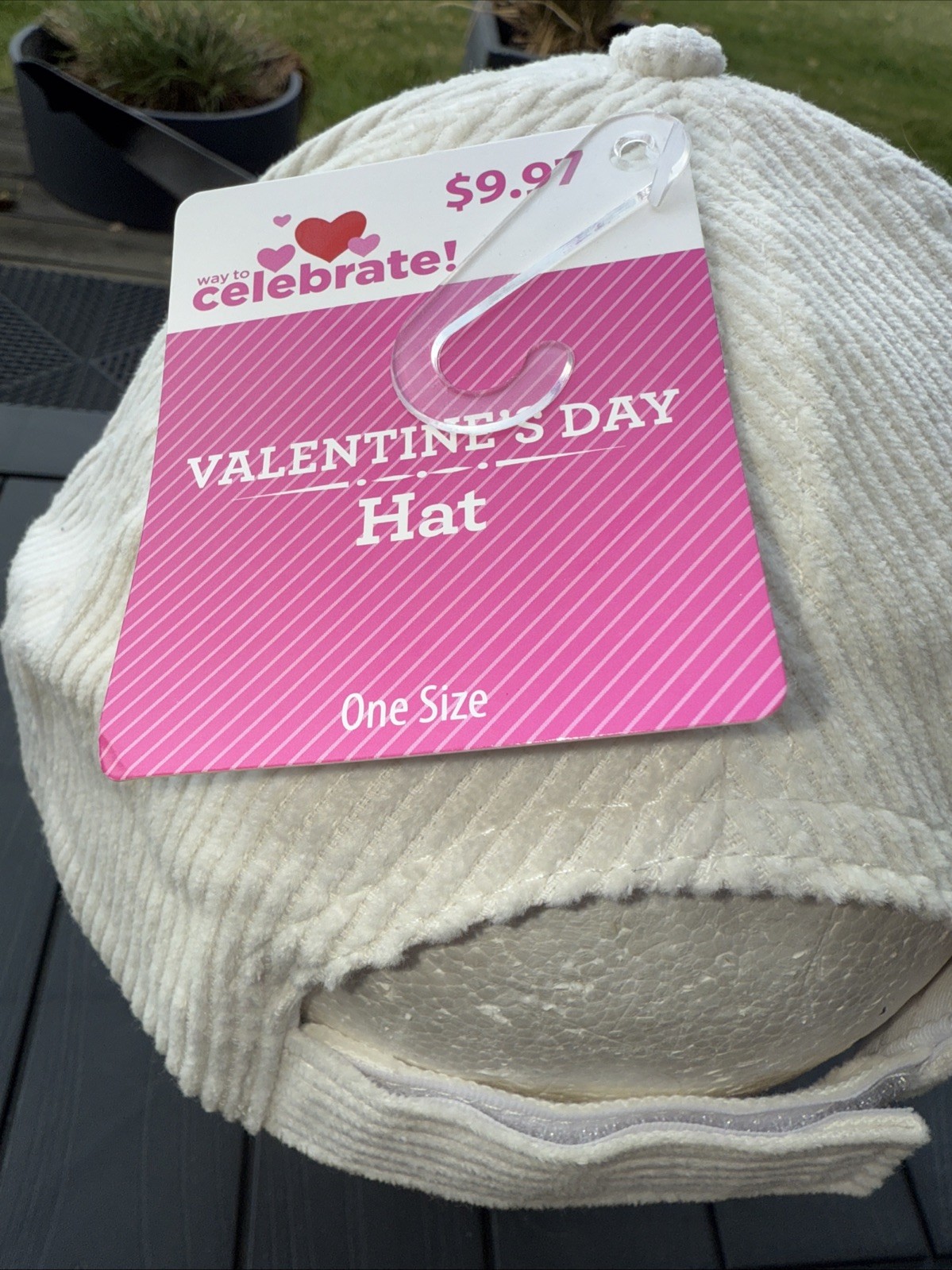 Sparkle Pink Heart on White Corduroy Hat Cap Hook Loop Valentines Day Hat