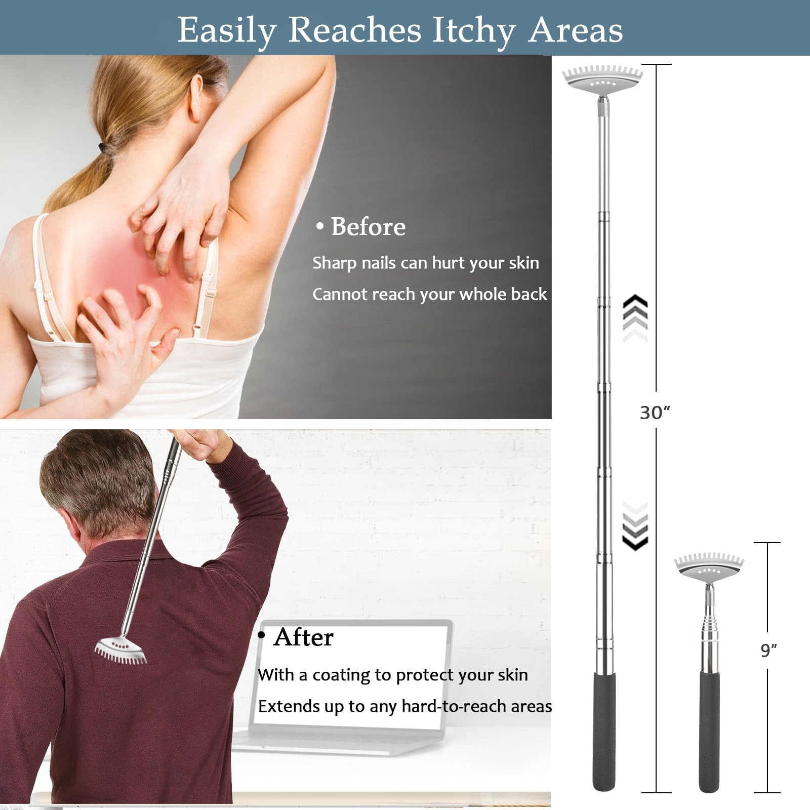 Oversized Back Scratcher with 30" Handle, 2 Pack Different Extendable Back Ma