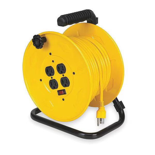 Cord Reel w/ Hand , Hand Operated, NEMA 5-15P, 14 AWG, Yellow Reel, 80 ft L