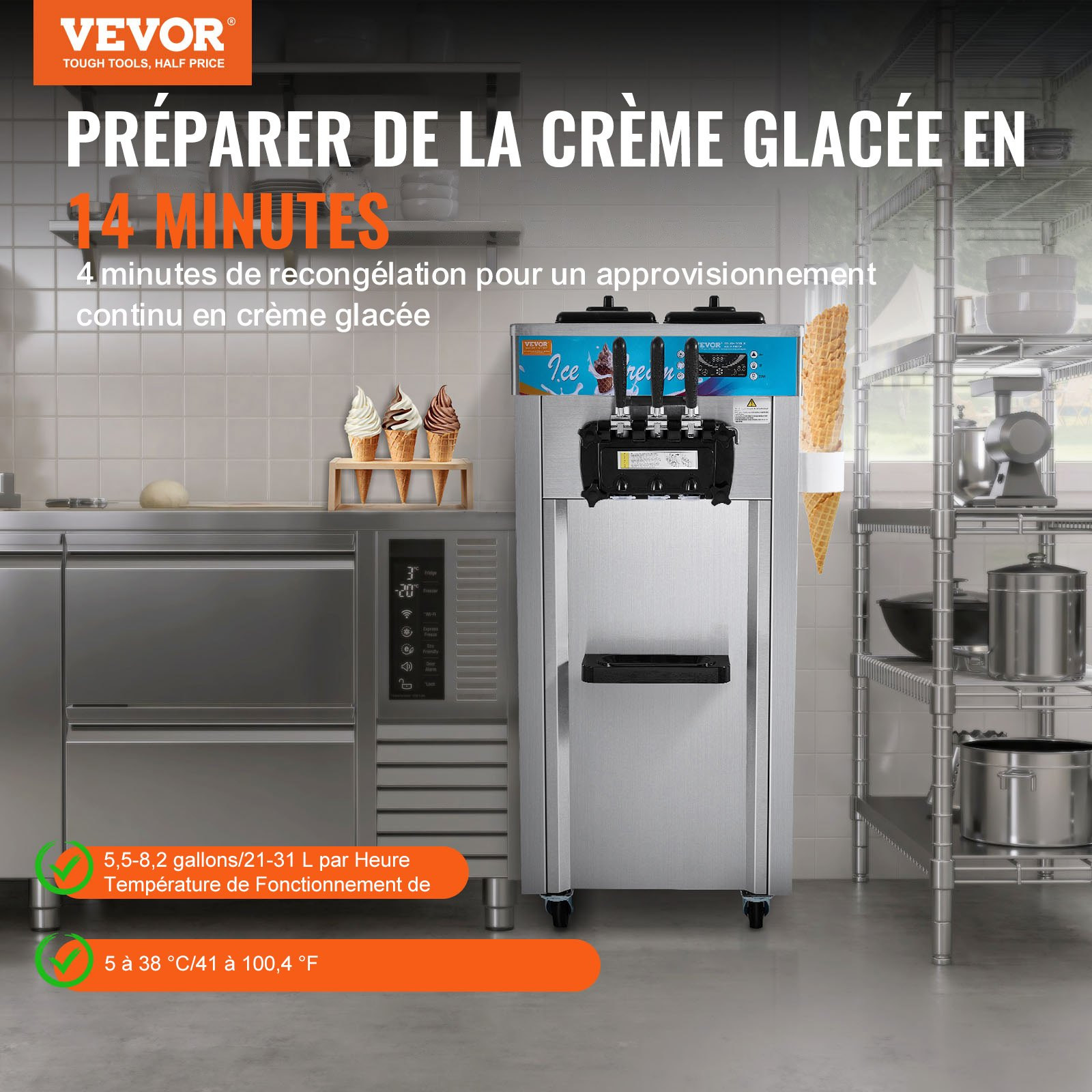 Commercial Soft Serve Ice Cream Machine 3 Flavor 1800W 21–31L/H