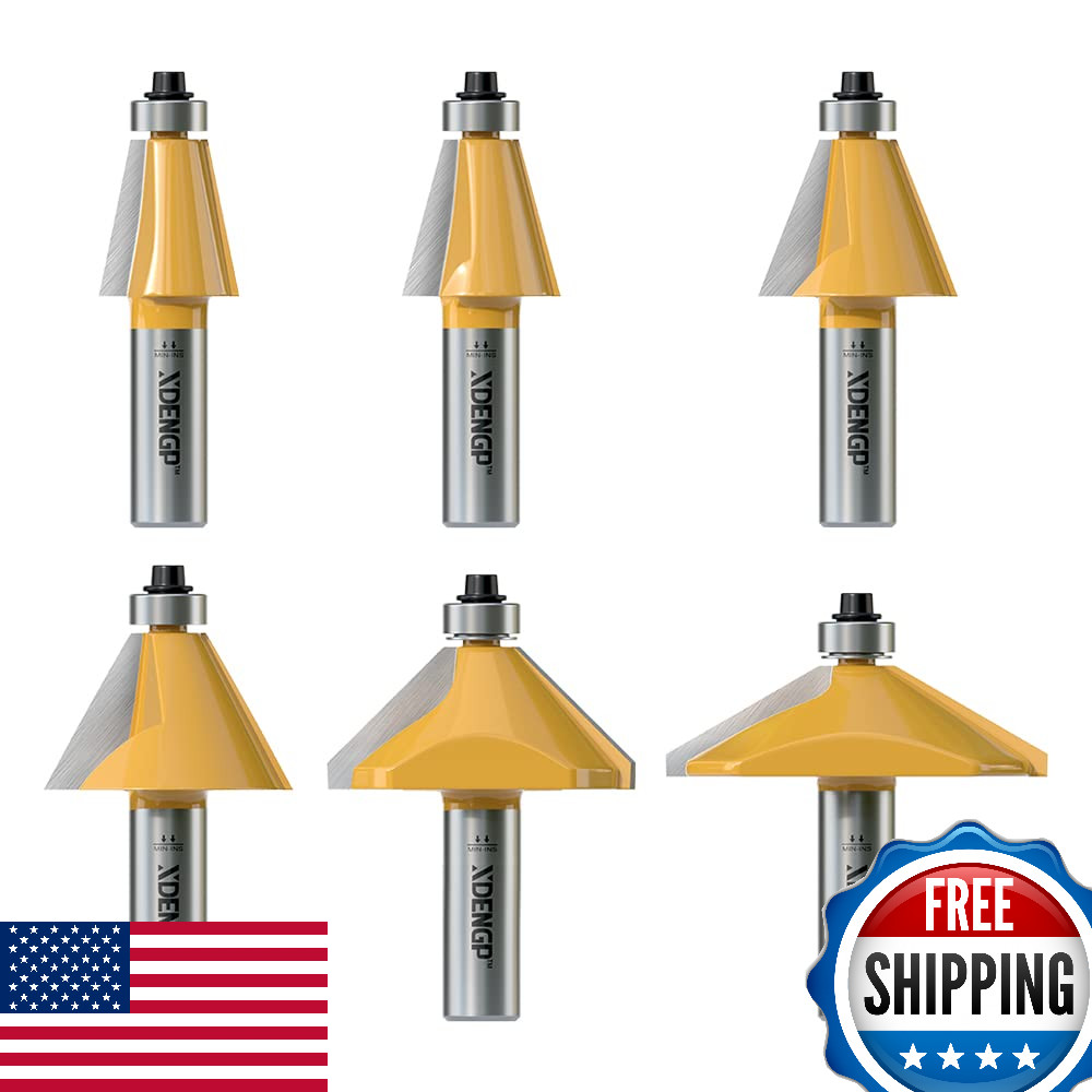 XDENGP 6Pcs Chamfer Router Bits Set 1/2" Shank Carbide Edge Forming Bevel Router