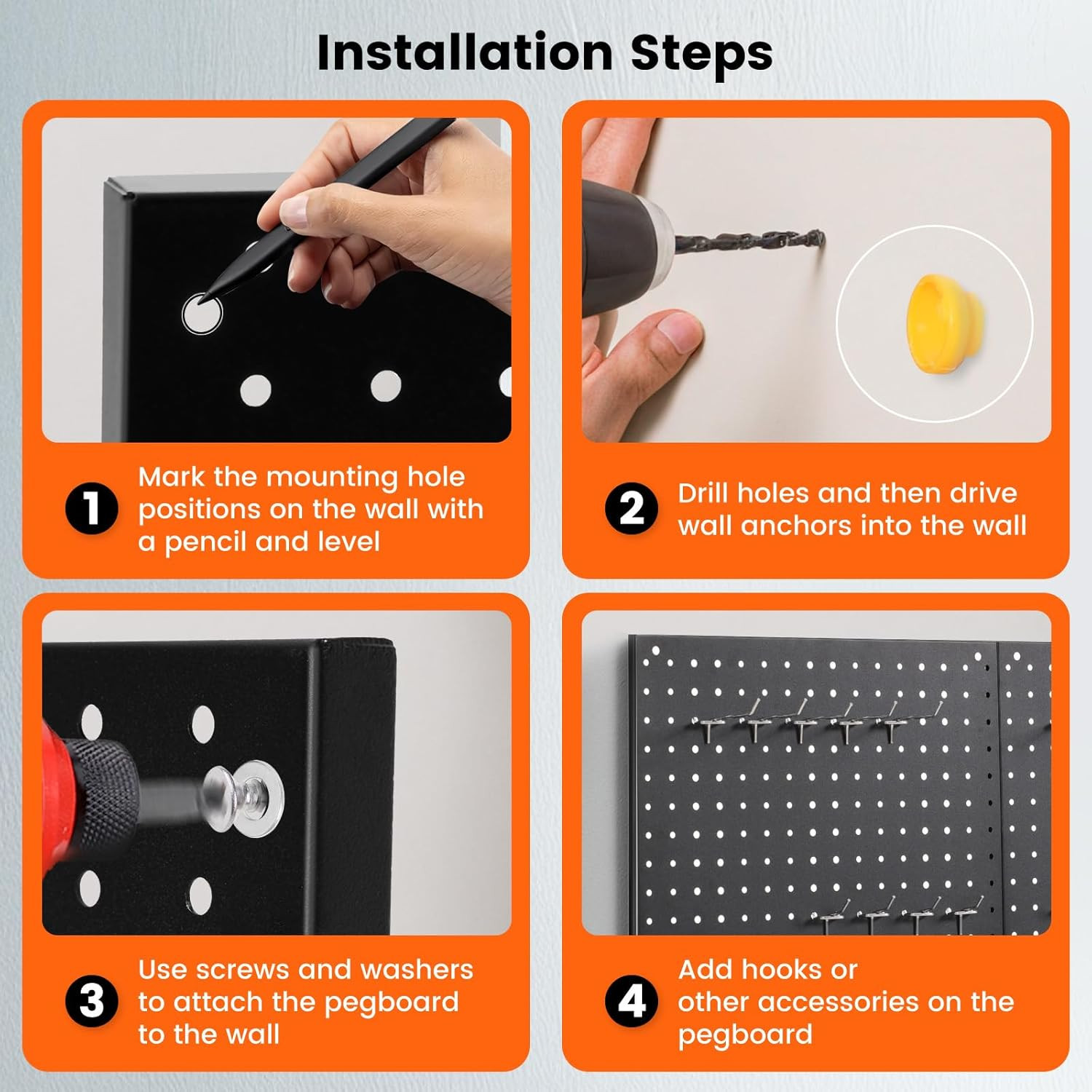 Pegboard, 2 PCS 24"×16" Metal Peg Board Panels Black Modular Wall Organizer Kit