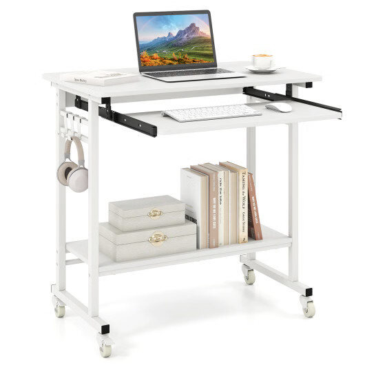 Rolling Laptop Table with Pull-out Keyboard Tray and Hooks-White - Color: White