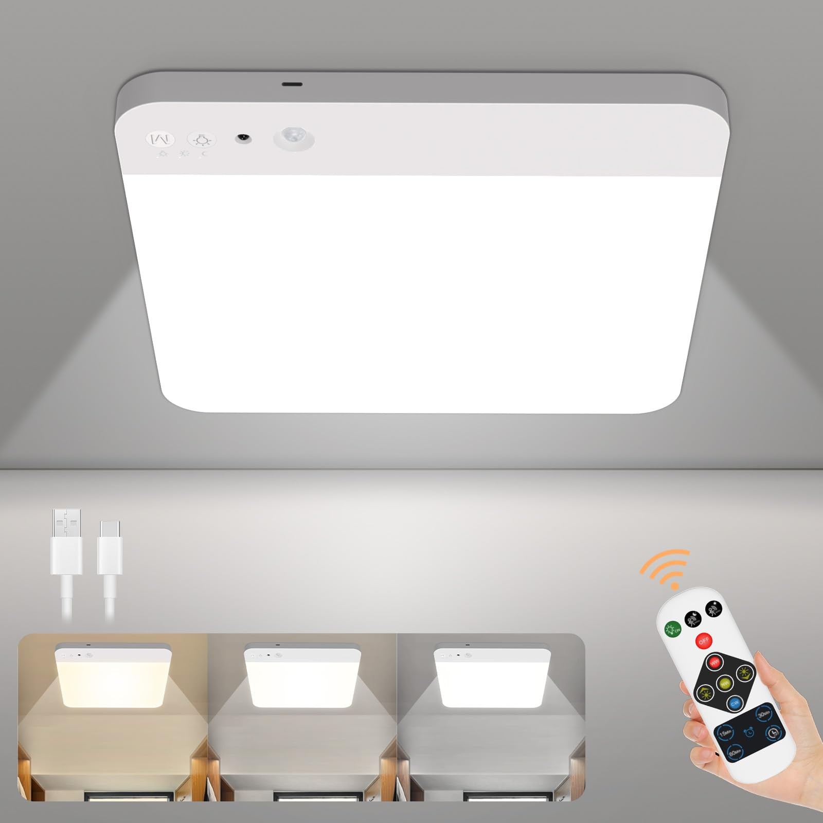 Rechargeable Motion Ceiling Light with Remote - Magnetic Wireless Closet Ligh...