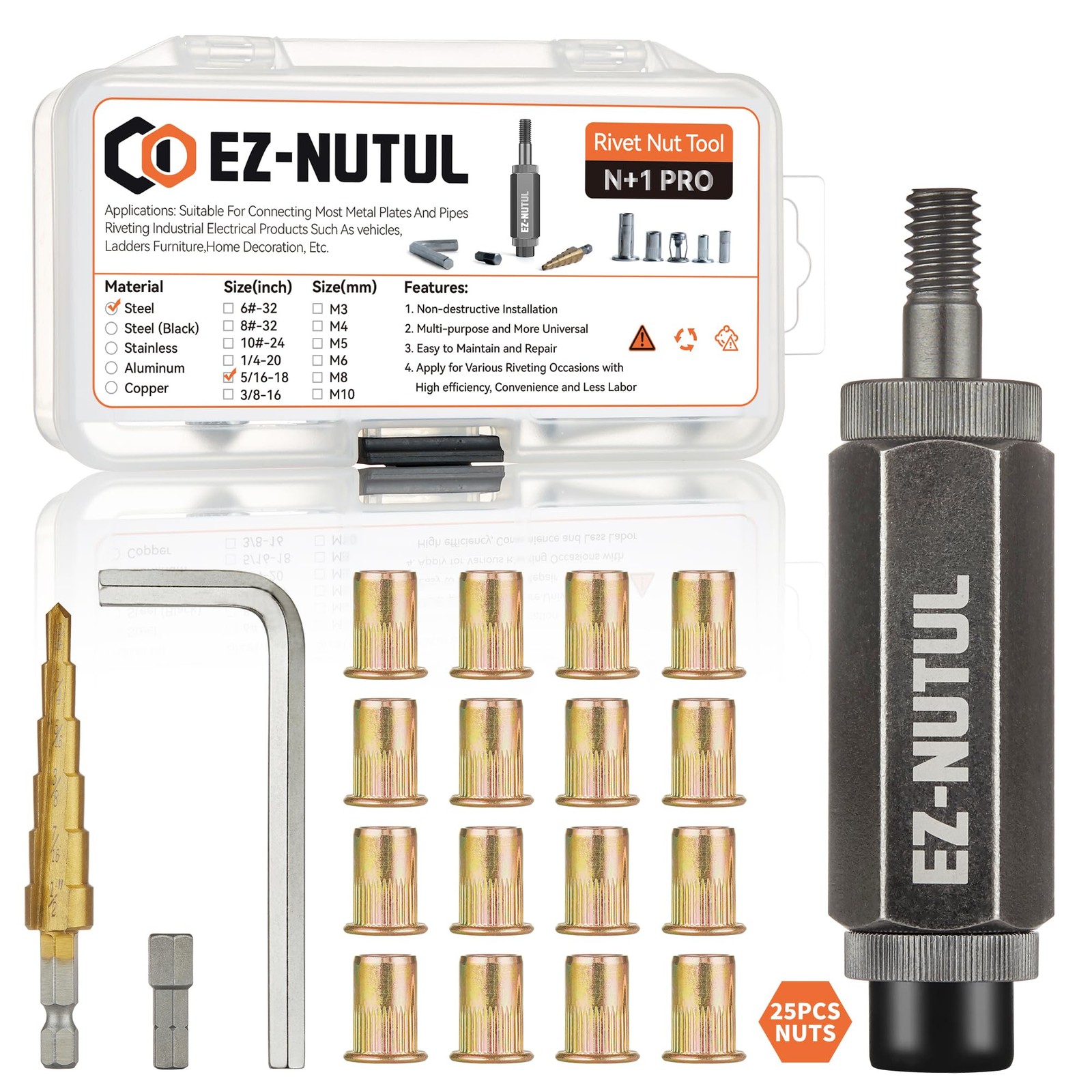 Rivet Nut Installation Tool Set Flat Head Rivnut Threaded 1/4"-20, black