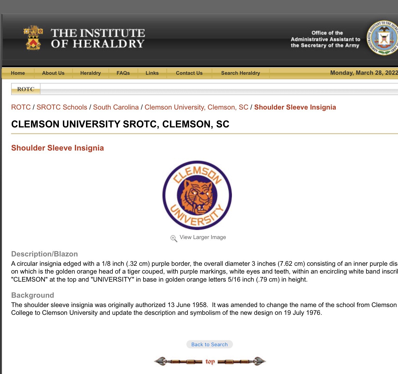Clemson University Shoulder Sleeve Insignia Patch Tigers SROTC Blazon