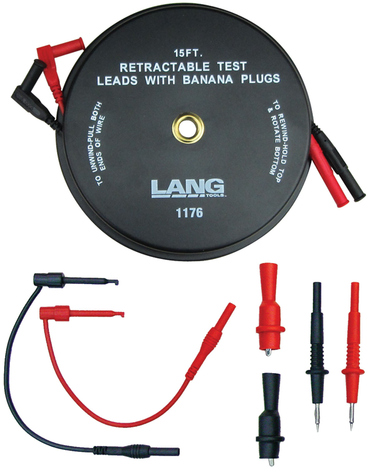 Lang 7pc  2 Wire x 15' Retractable Test Lead Set w/Banana Plug Ends #1176