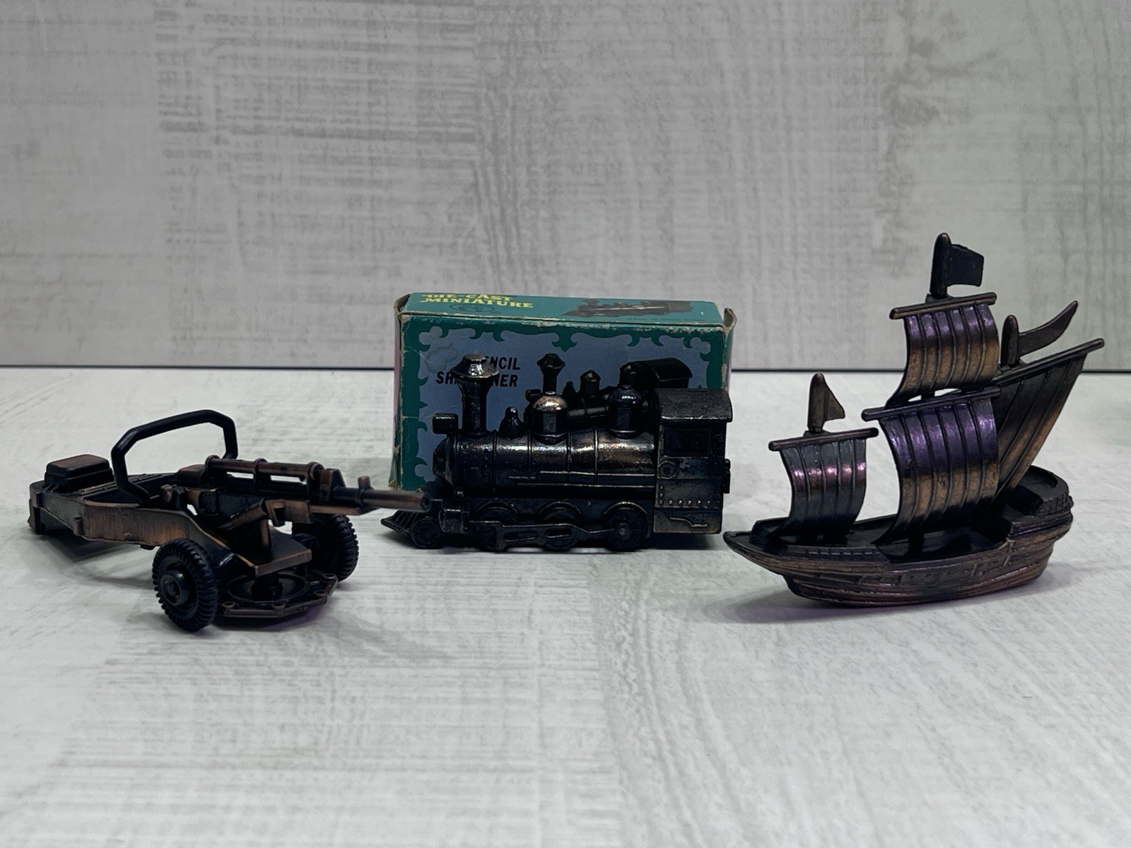 3 VTG Bronzed Die Cast Metal Pencil Sharpeners Spanish Ship, Train, Artillery