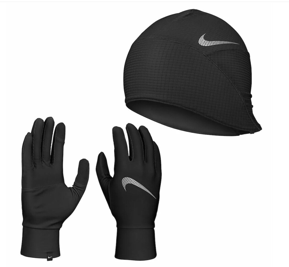 Nike Women Lightweight Fleece Run Hat and Glove Set Sz XS/S Black Reflect Silver