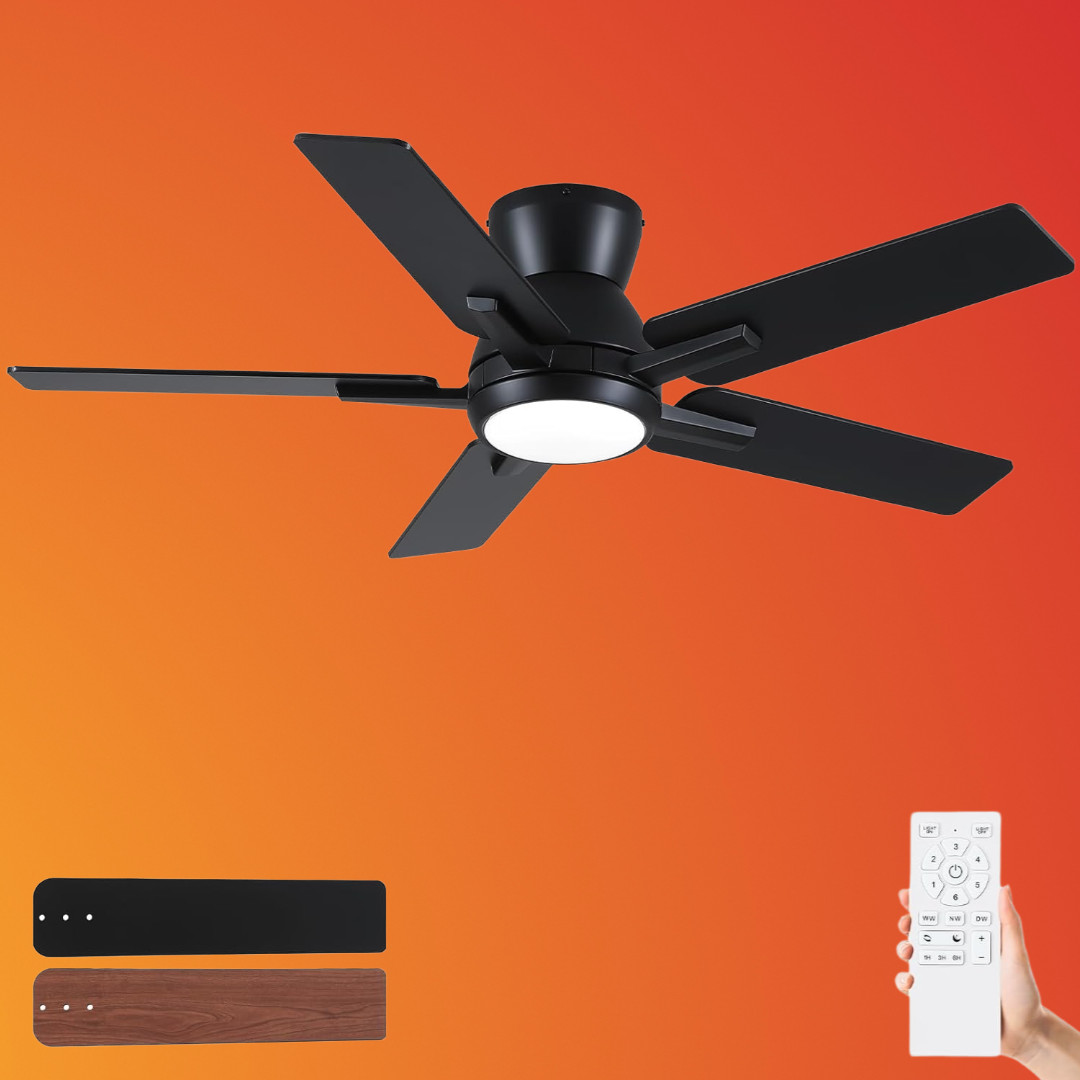 42" Ceiling Fan with Lights, Black, Remote, 6 Speeds, Reversible DC Motor
