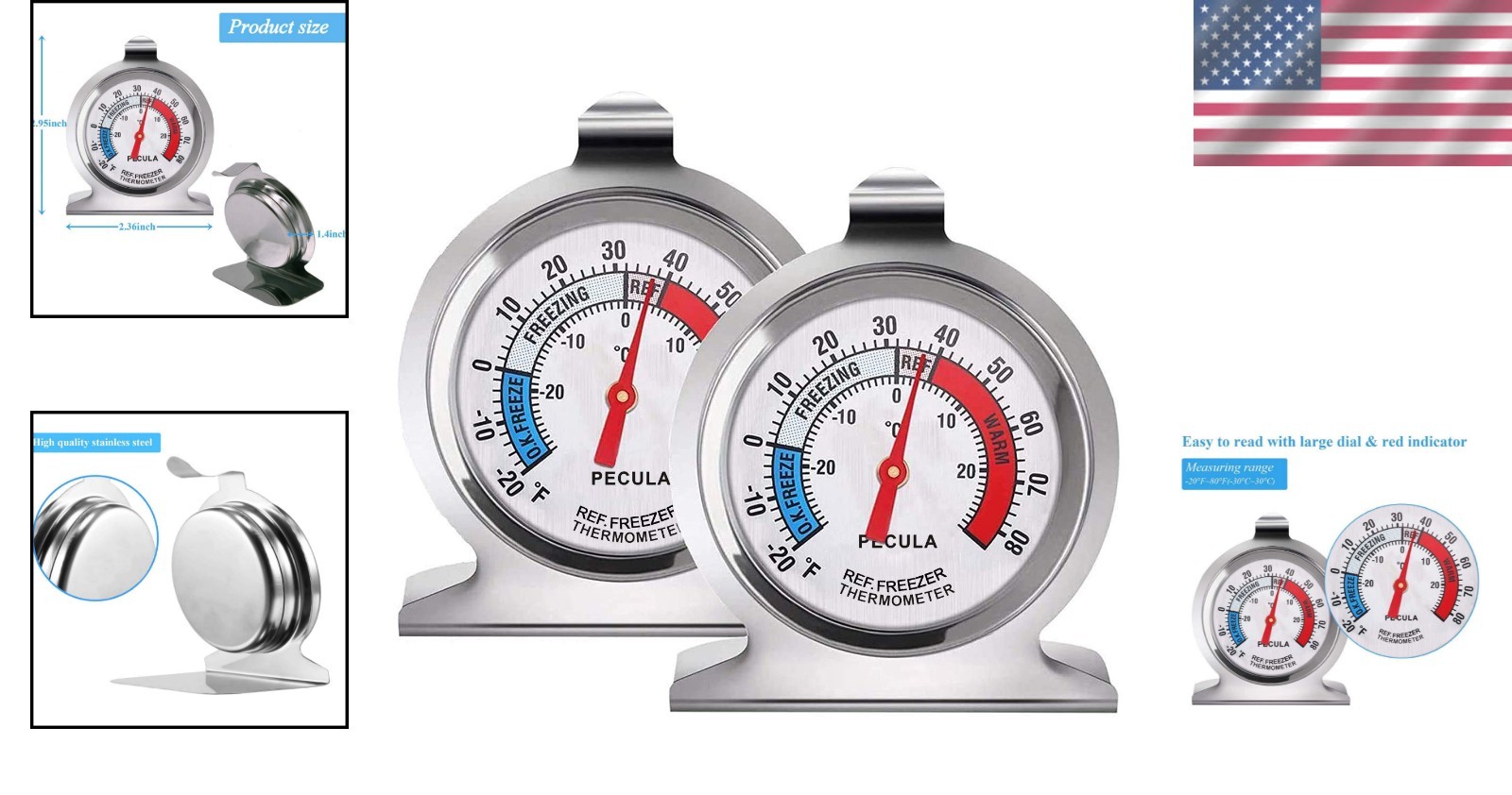 High Accuracy Refrigerator Thermometer Set - Stainless Steel, Large Dial 2-Pack