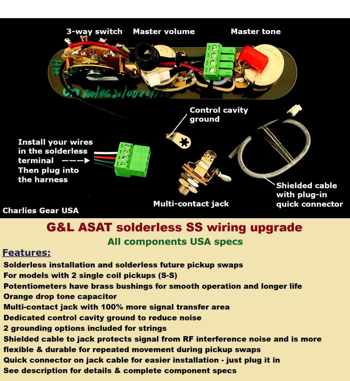 G&L ASAT Solderless SS Wiring Upgrade + Shielded Jack Cable to Protect Signal