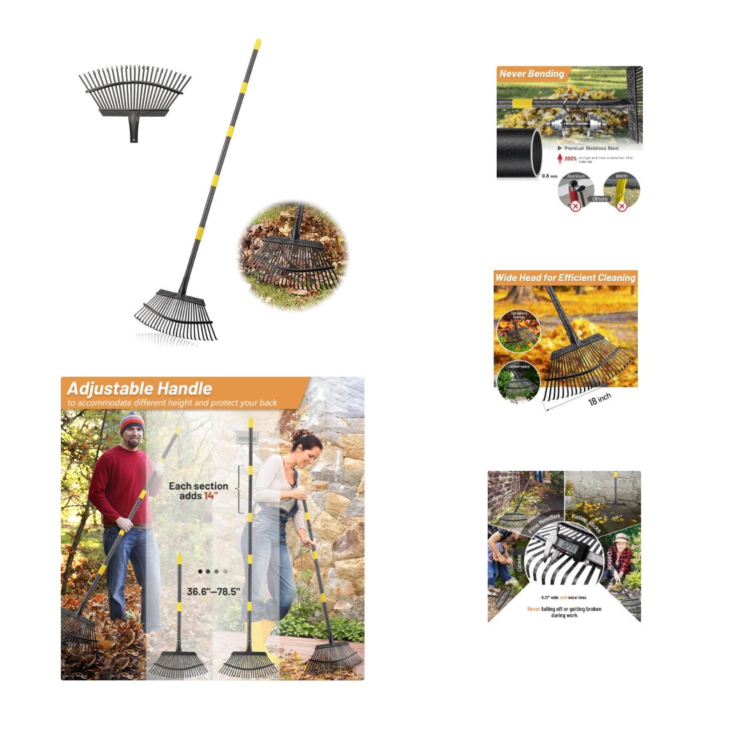 Stainless Steel Leaf Rake – 18" Wide, 25 Tines with Collapsible Handle