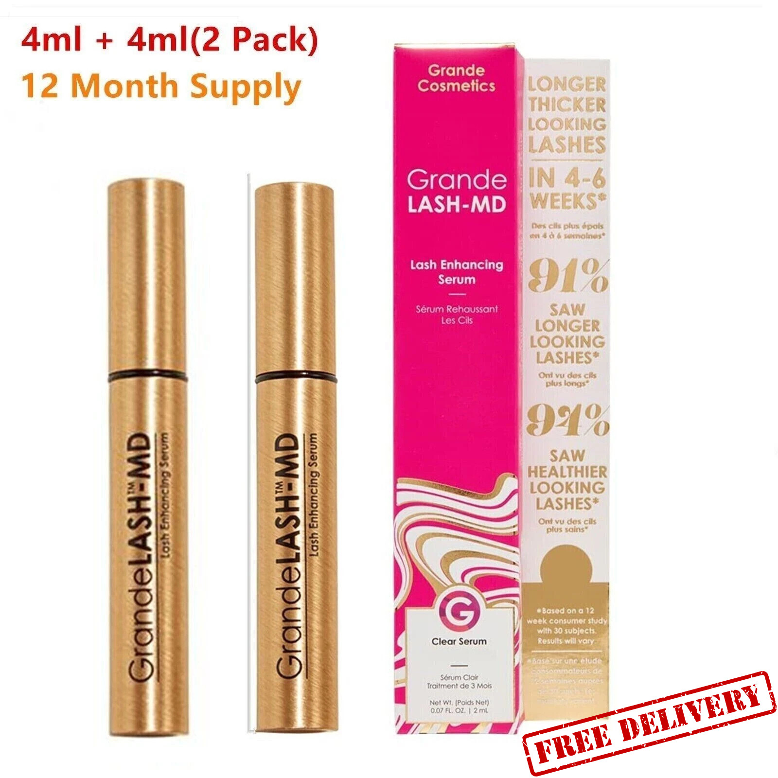 2PACK Grande LASH-MD Grande Lash Enhancing Serum 4+4 ML 12 month Supply Newest