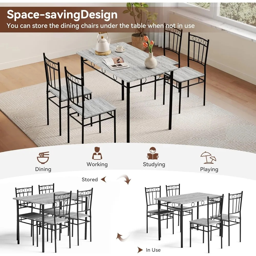 5 Piece Rectangular Dining Table Set 4 People Kitchen Table Chairs Set