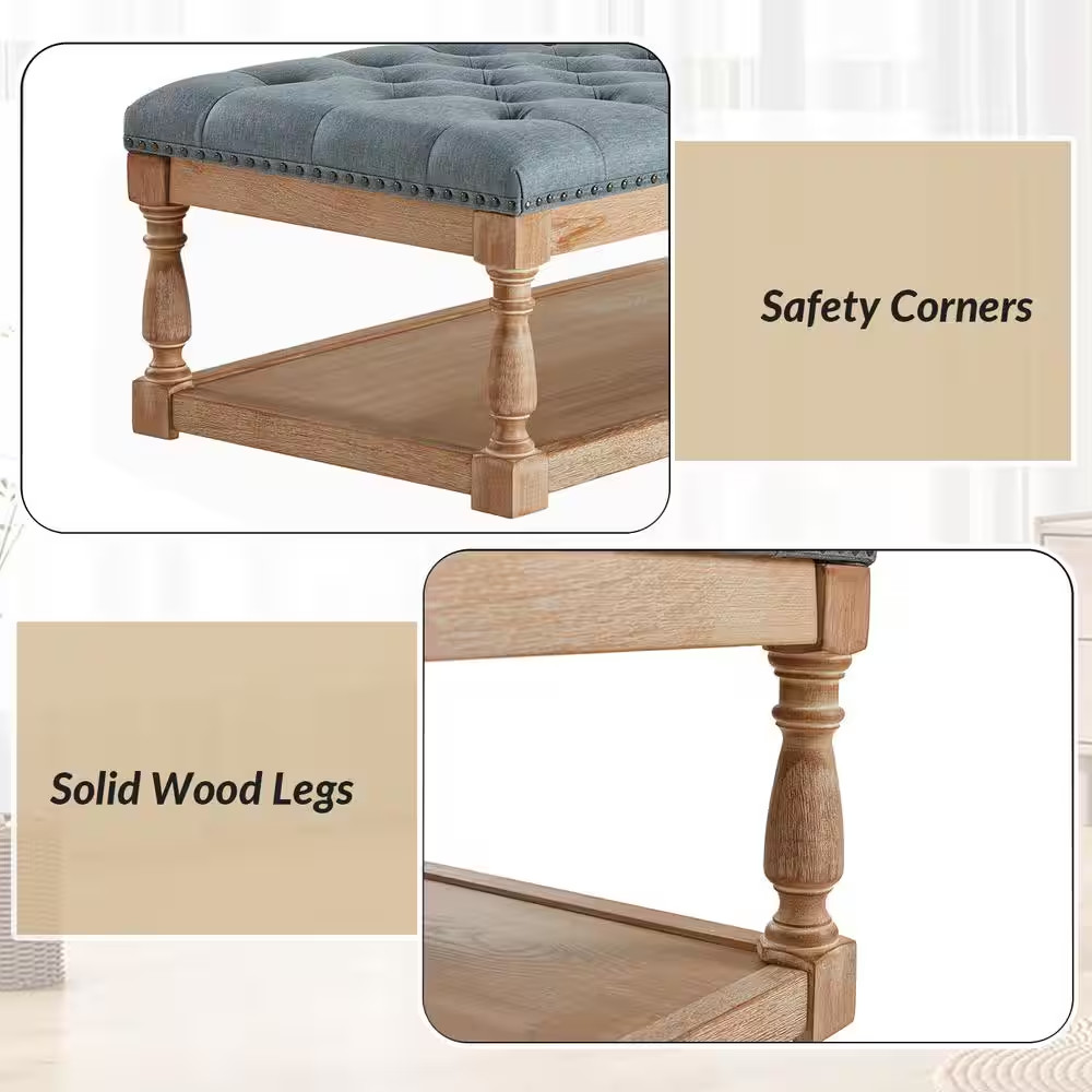 Jakob Blue Upholstered Storage Ottoman with Solid Wood Legs