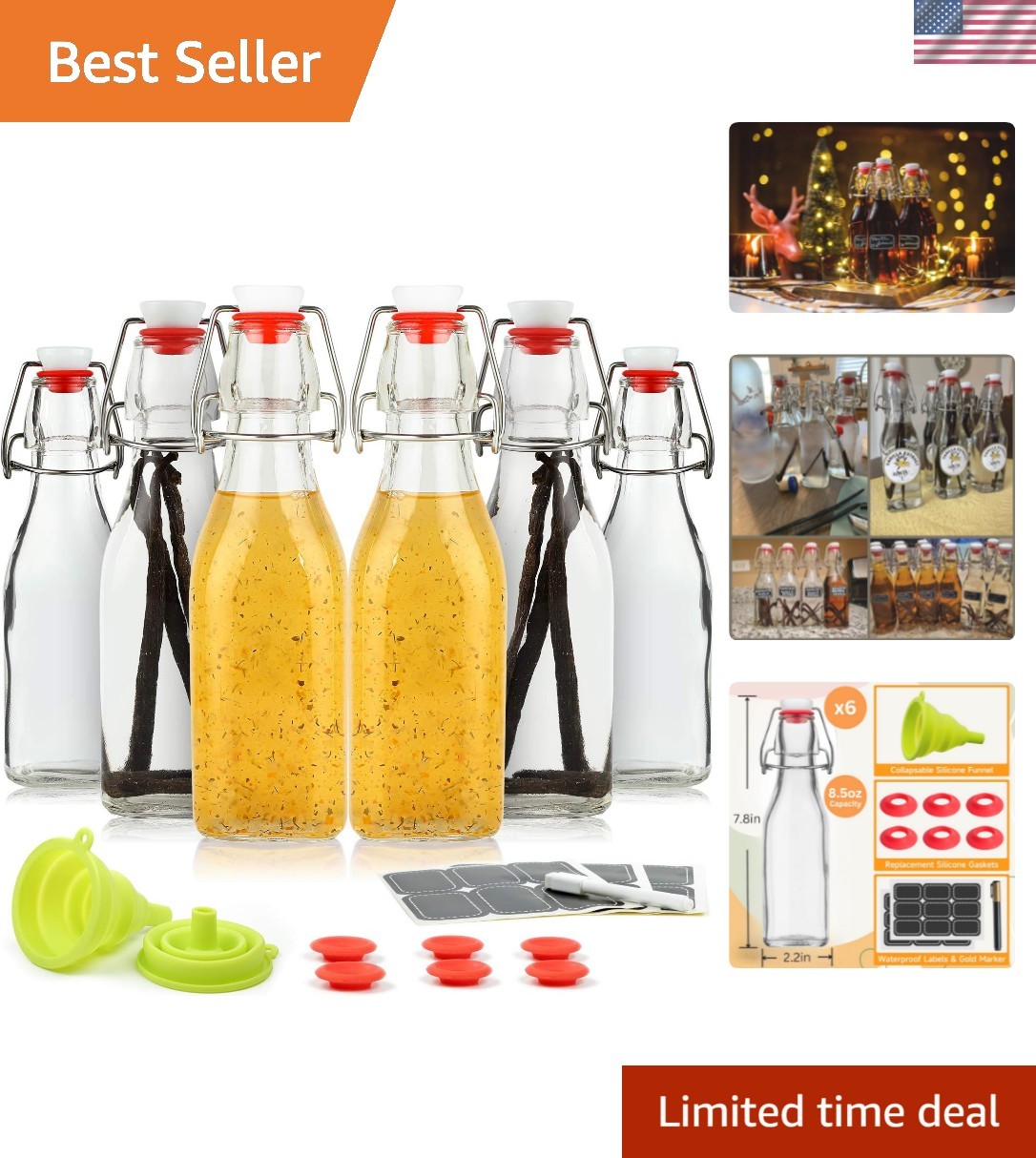 Elegant 8.5 oz Glass Bottles Set - Flip Top for Homemade Extracts & Beverages