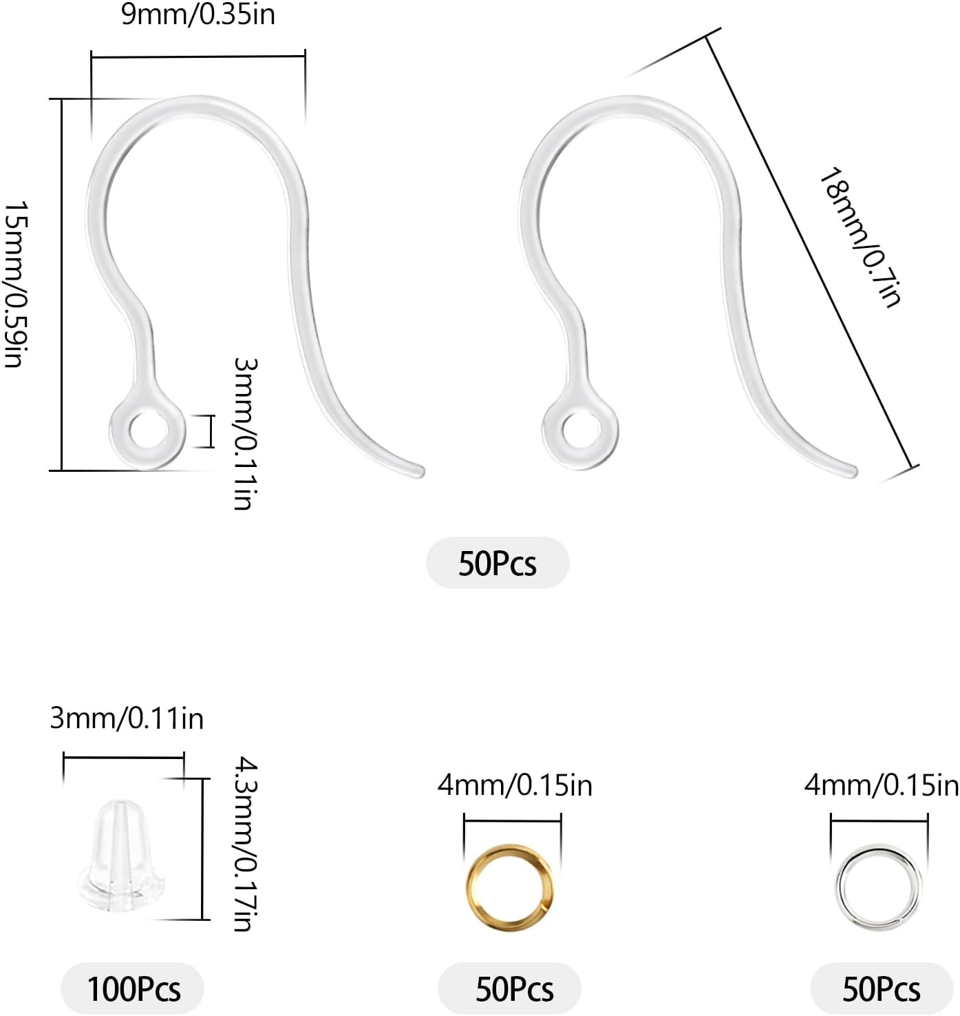 50Pcs Clear Plastic Earring Hooks - Non-Allergenic for Sensitive Ears, Component