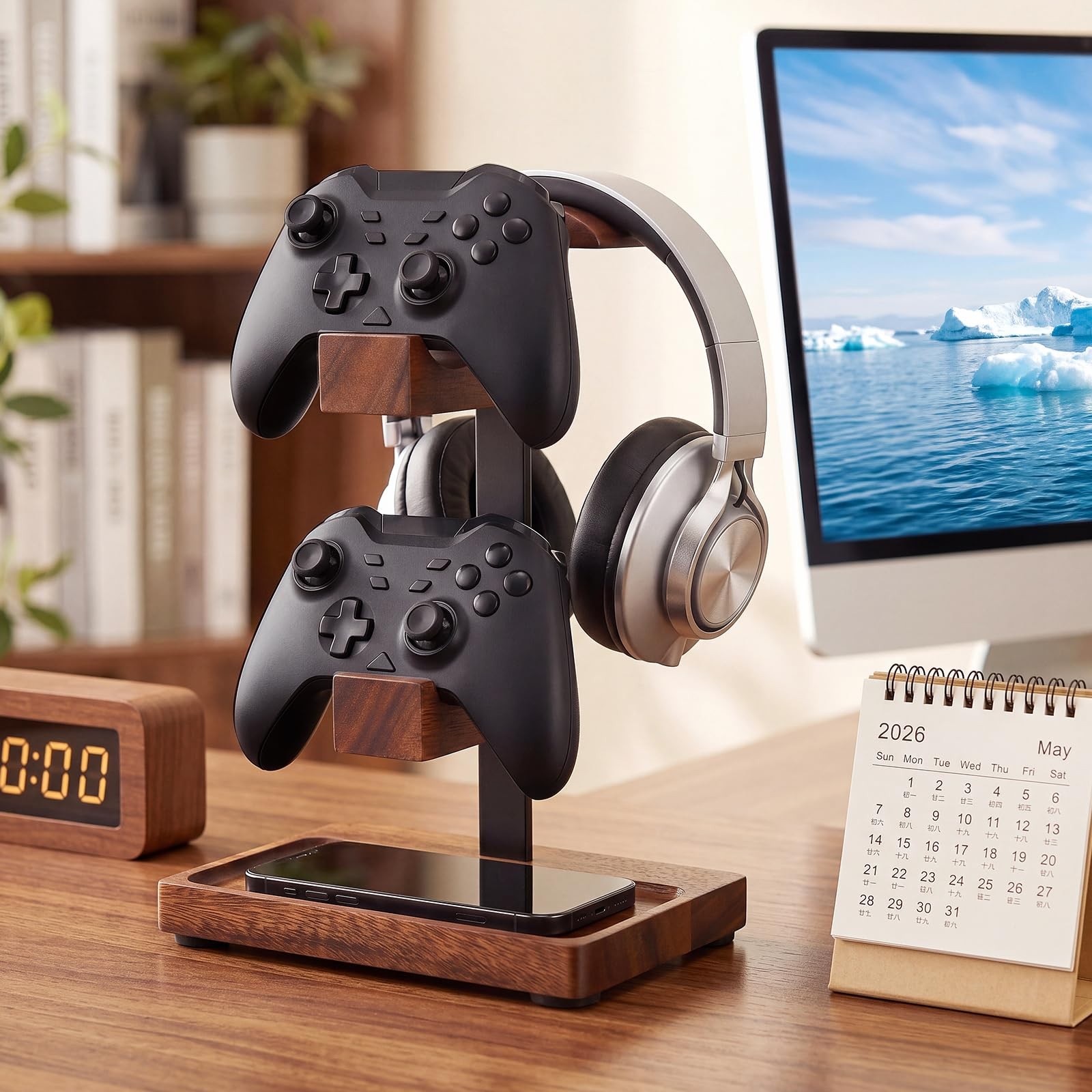 Fiwochic Headphone Stand with Controller Holder, Gaming Headset Deep Walnut