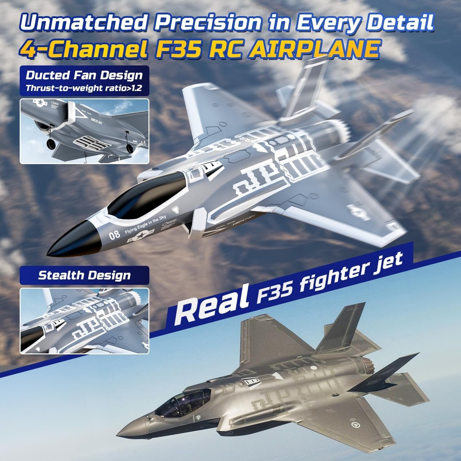 DEERC F35 4 Channel Brushless RC Plane for Adults Remote Control Airplane Duc...