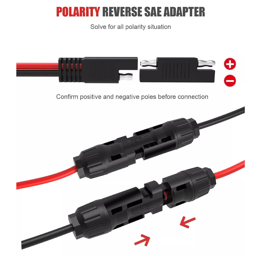 2x Solar Panel Extension Cable 2FT 10AWG, SAE to SAE Polarity Reverse Adapter