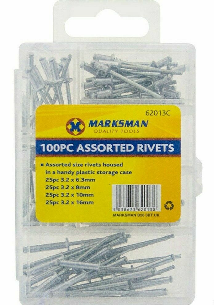 100pc Assorted Sized Rivets Hand Air Pop Blind Blind Head Steel Shank Aluminium