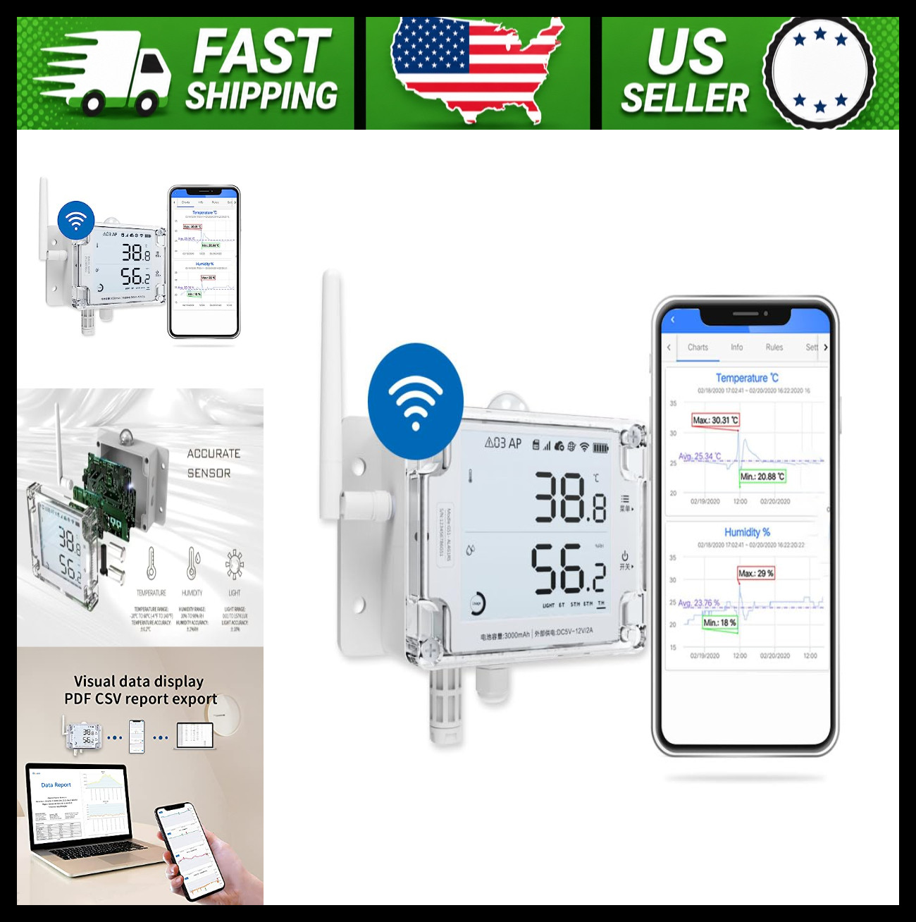 Smart WiFi Temperature & Humidity Sensor with External Probes Alexa Compatible