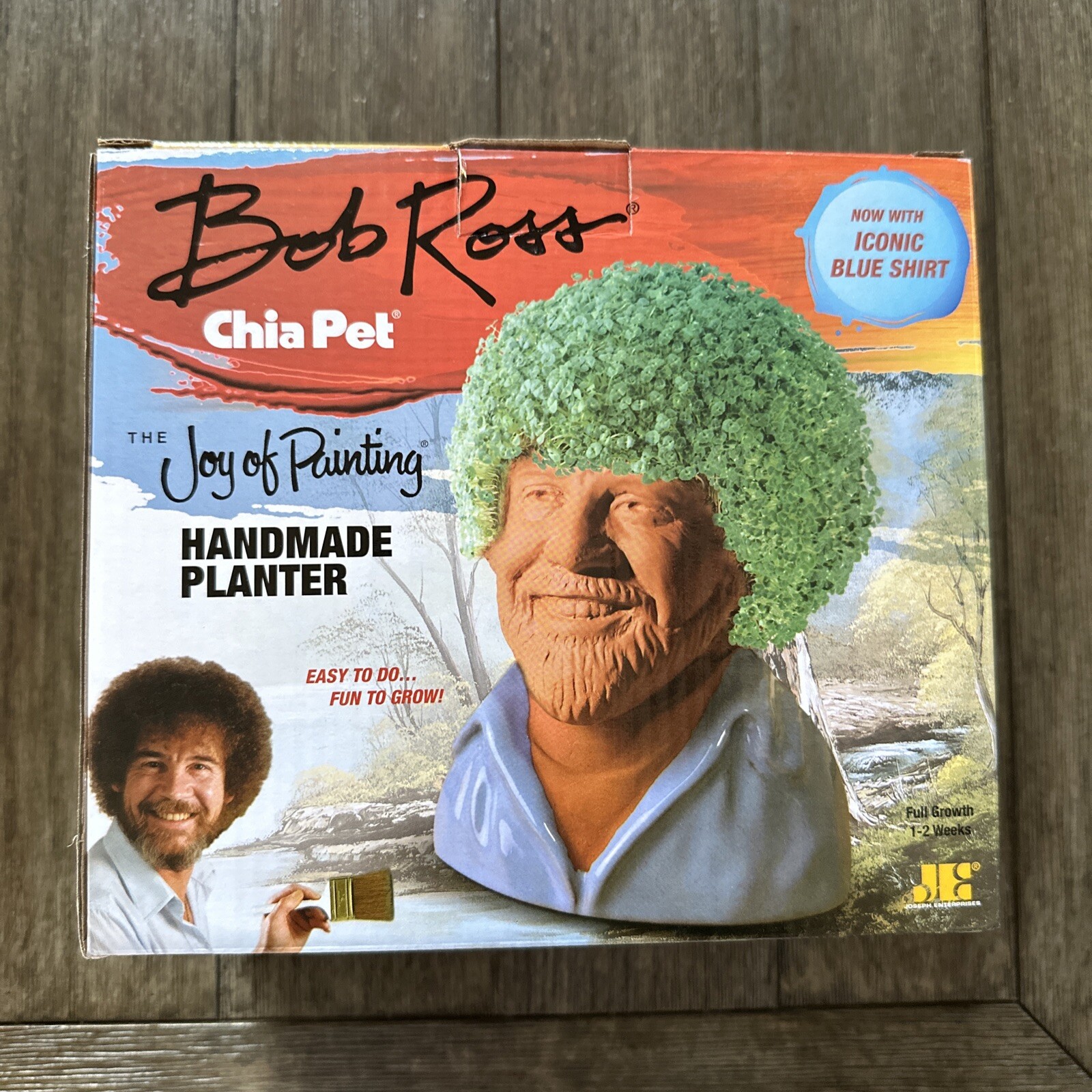 Chia Pet Bob Ross w/ Iconic Blue Shirt Brand New  Handmade Planter “Joy Of Paint
