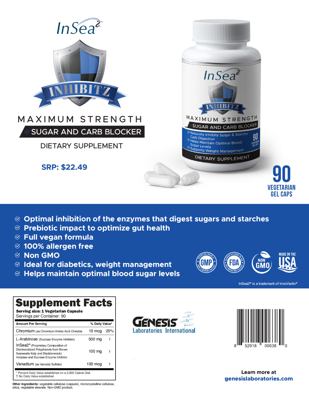 Carb & Sugar blocker weight loss keto. INHIBITZ w/ InSea2-L Arabinose-3 bottles!