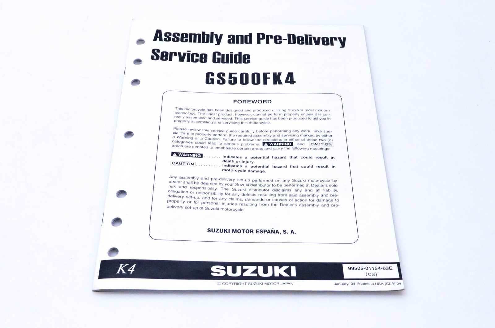 OEM Suzuki 99505-01154-03E GS500FK4 Assembly & Pre-Delivery Service Guide