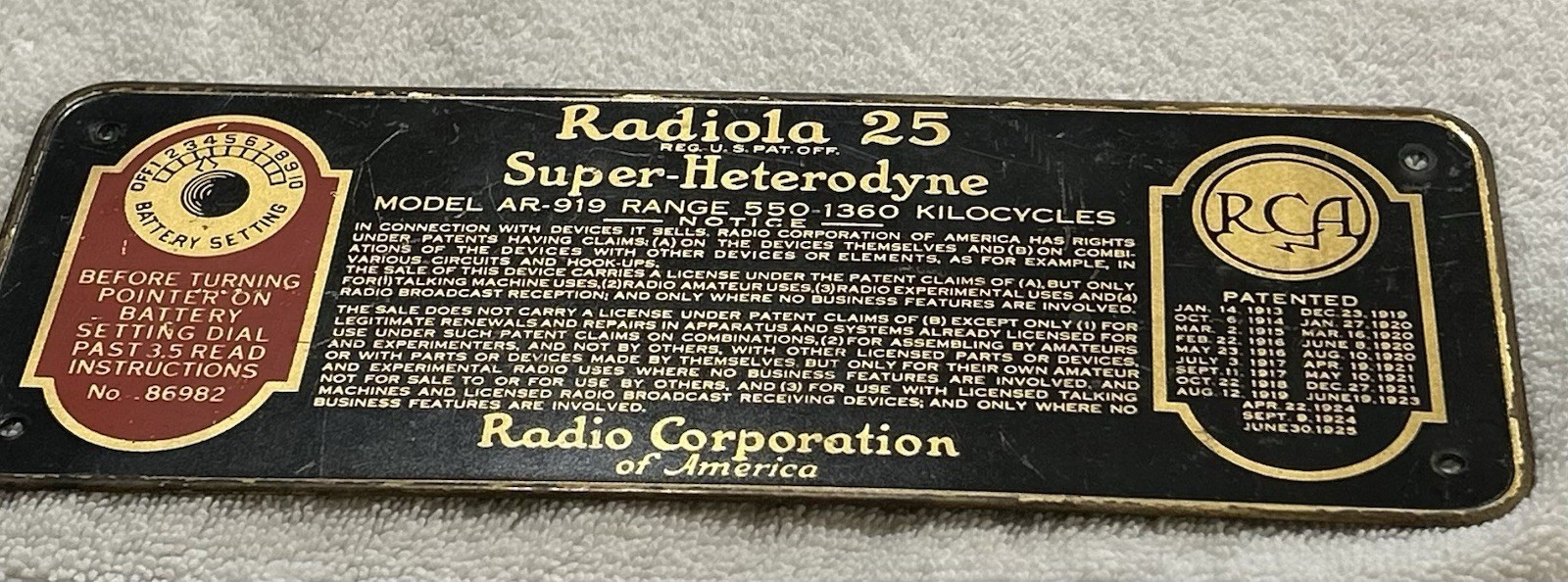 Vintage RCA Radiola 25 Model AR-919 Brass Nameplate - Look!
