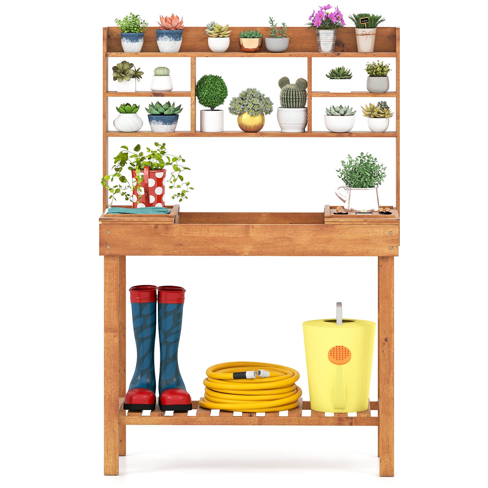Potting Bench Table w/Flip-up Tabletop, Storage Shelves for Patio Porch Balcony
