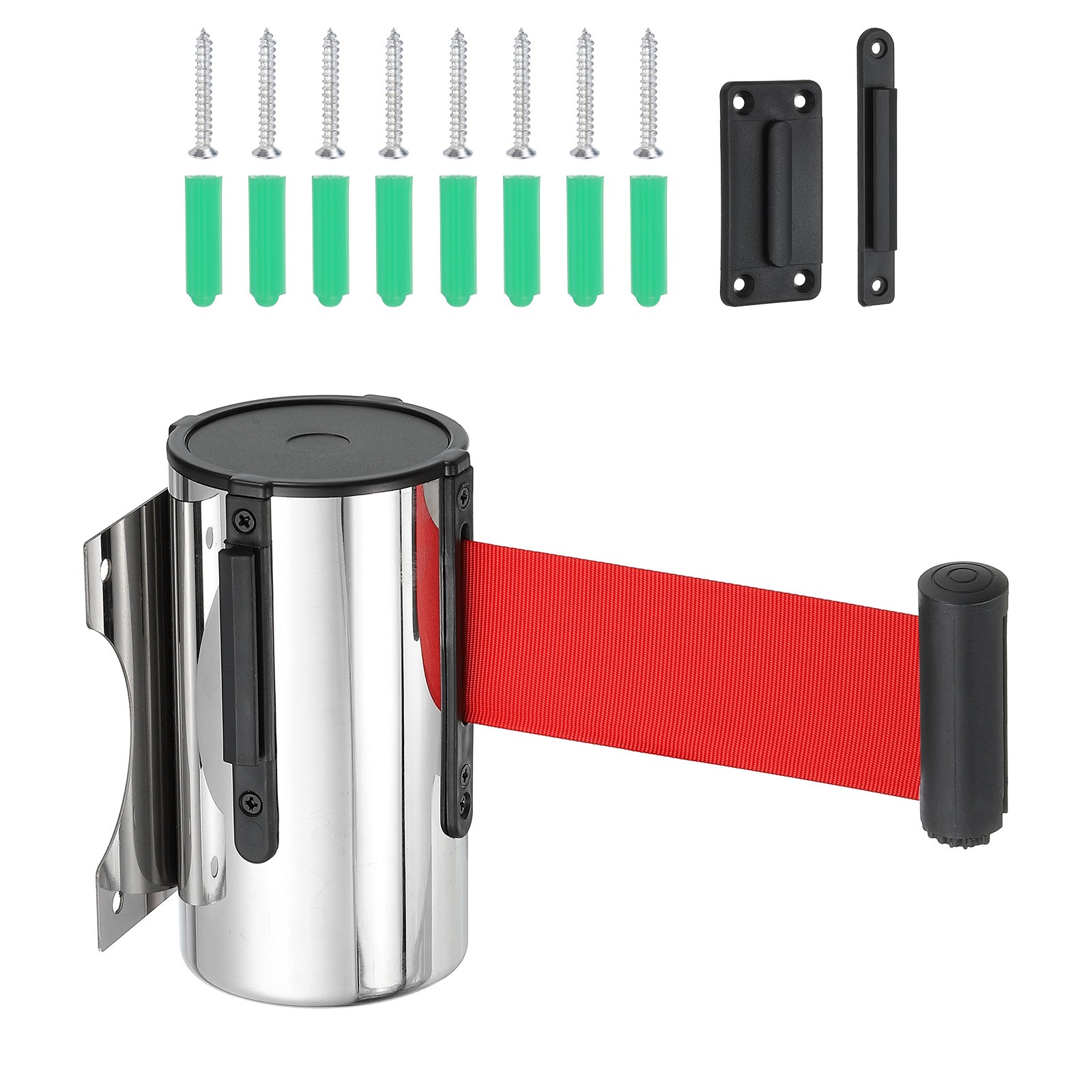 16.4 Feet Fixed Wall Mount Retractable Belt Barrier,Silver Tone/Red