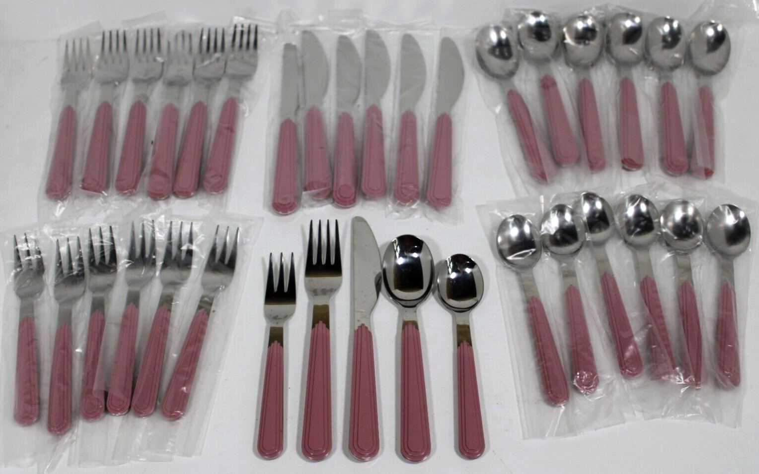 Vtg. 35 Piece JAZZ Stainless Art Deco pink handles Flatware - Knife, Fork, Spoon