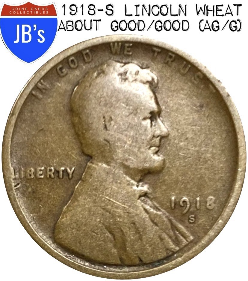 1918-S Lincoln Wheat Cent Penny 1c - Circulated About Good/Good (AG/G)