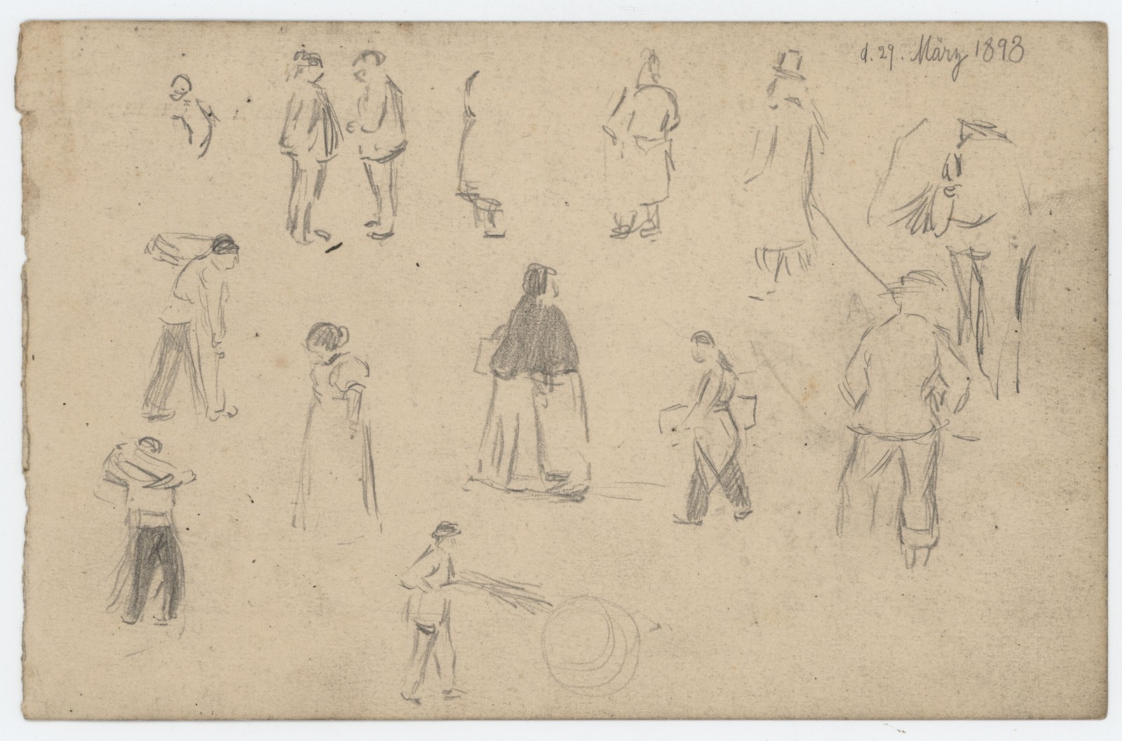 Study Pencil Drawing Passersby Craftsmen Work Professions 1898 Dated