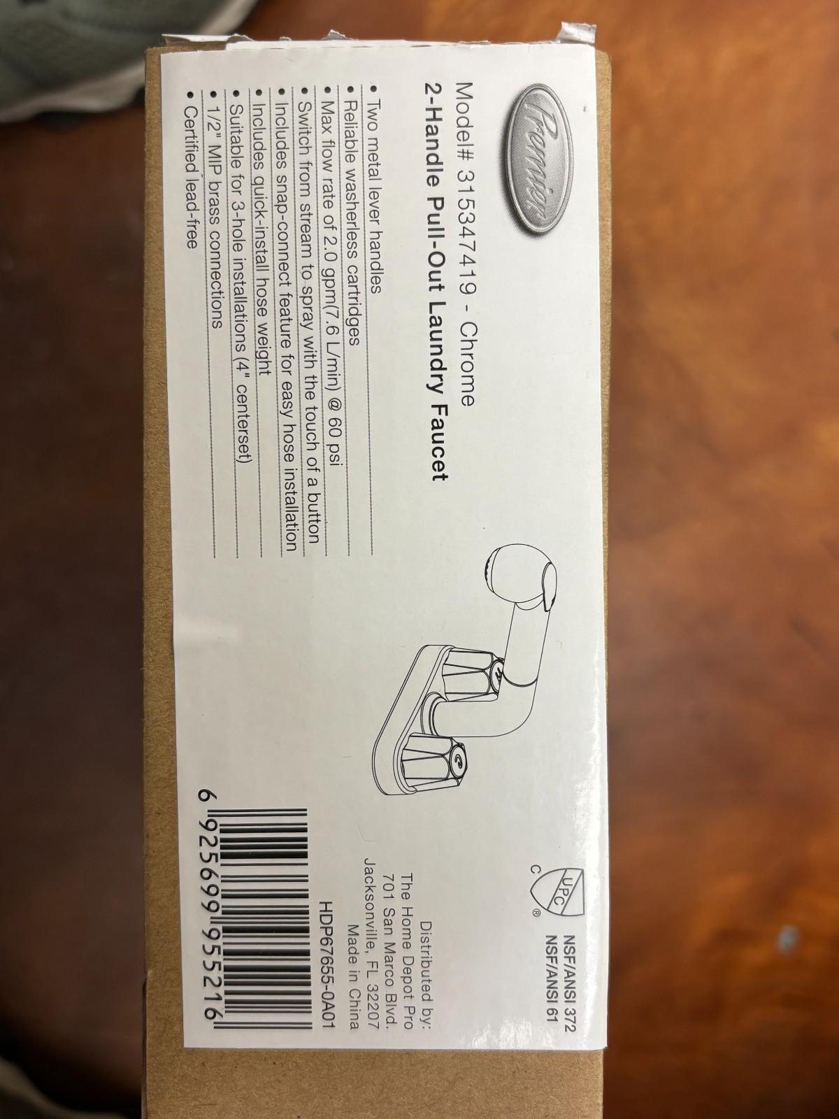 PREMIER 315347419 2-handle pull-out laundry faucet NEW