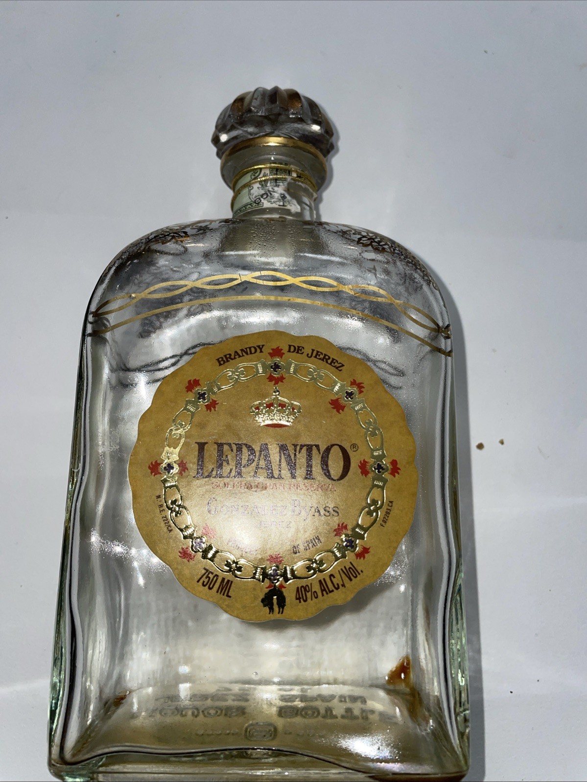 LIQUOR BOTTLE JEREZ SPAIN Decanter Georgian style w/ Stopper Gold Lepanto Brandy