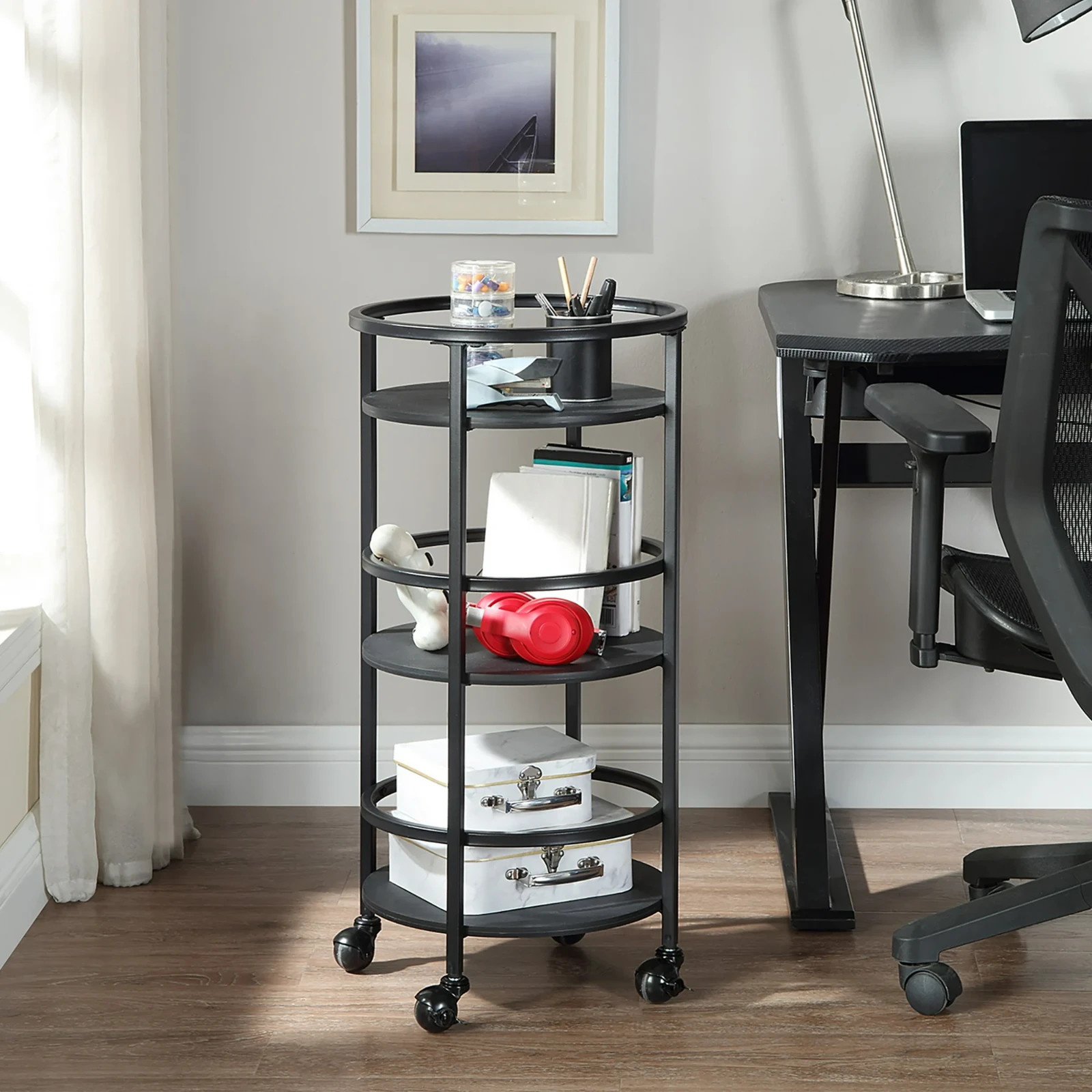 Mainstays 32" 3-Tier Rolling Round Kitchen Storage Bar Cart, Black