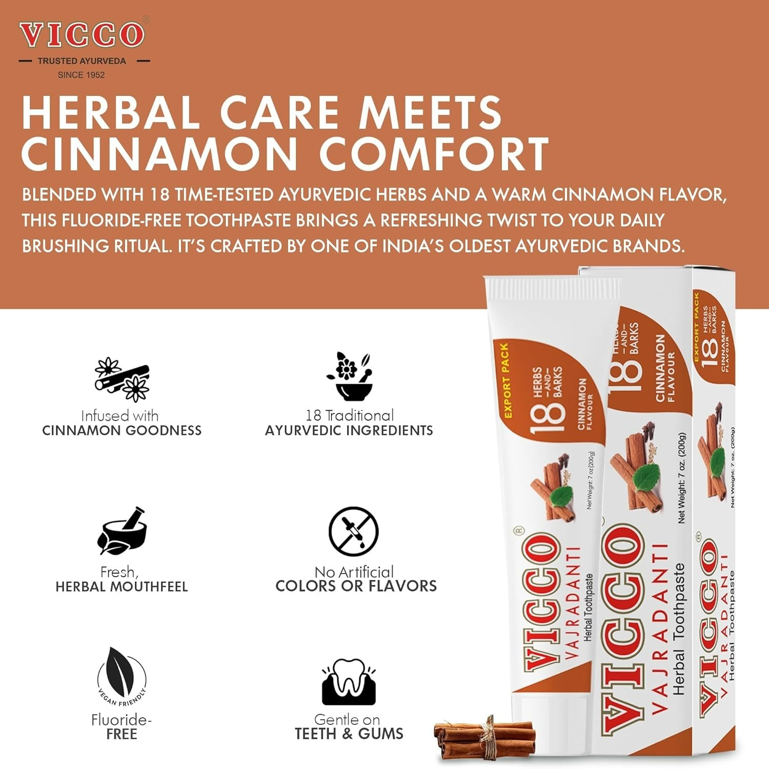 Ayurvedic VICCO Vajradanti Toothpaste 200g - Cinnamon Flavor 3 pack