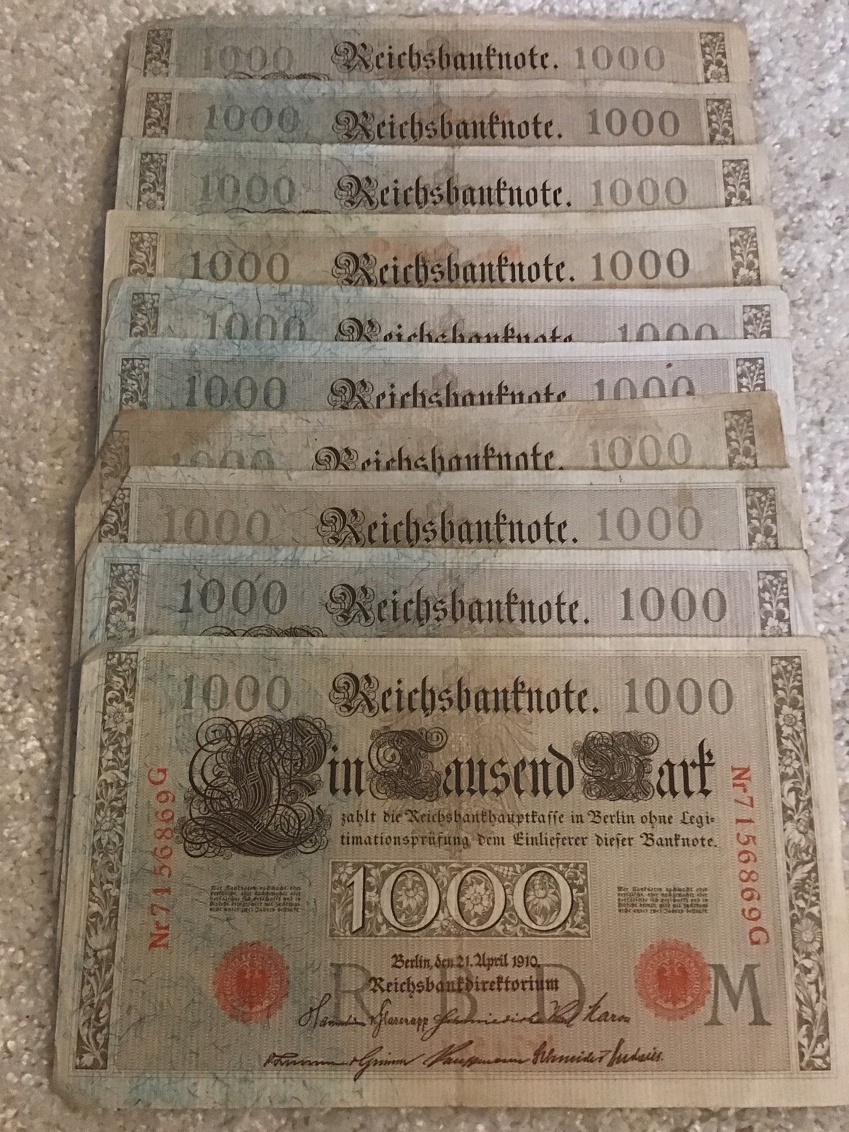 Lot Of 10 X German Banknotes. 1000 Mark. Dated 1910. Vintage Set.