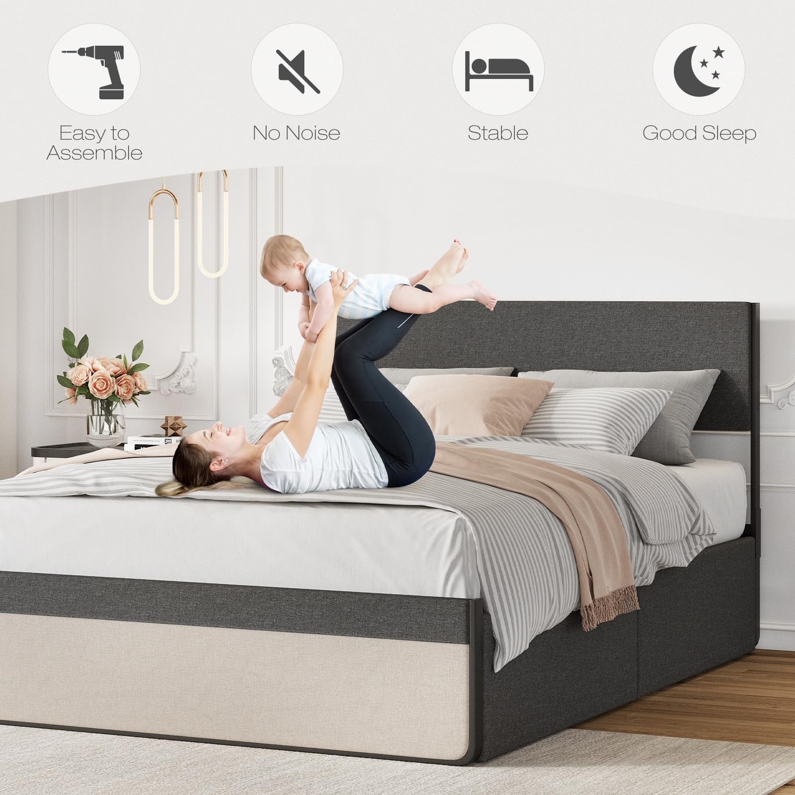 Queen Size Bed Frame, Upholstered Headboard ,Platform Bed Frame, Storage Drawers